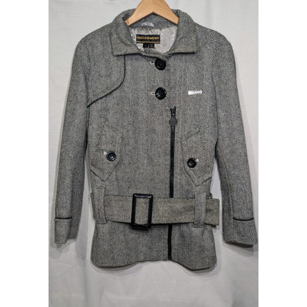 Rocawear Women's Wool Blend Belted‎ Herringbone Pea Coat Sz S Y2K 00s